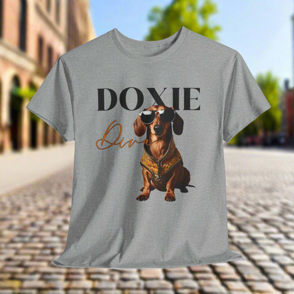 Weeniedog shirts with Doxie Diva Graphic in Sports Gray with a dachshund graphic and 'Doxie Diva' text 