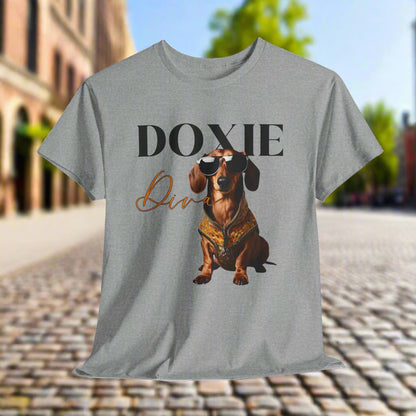 Weeniedog shirts with Doxie Diva Graphic in Sports Gray with a dachshund graphic and 'Doxie Diva' text 