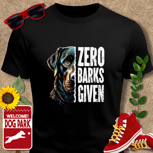 Zero-barks-crazydog t shirts in Black with dog graphic and 'Zero Barks Given' text, sunglasses, red sneakers, sunflower, and 'Welcome to the Dog Park' sign on a beige background.