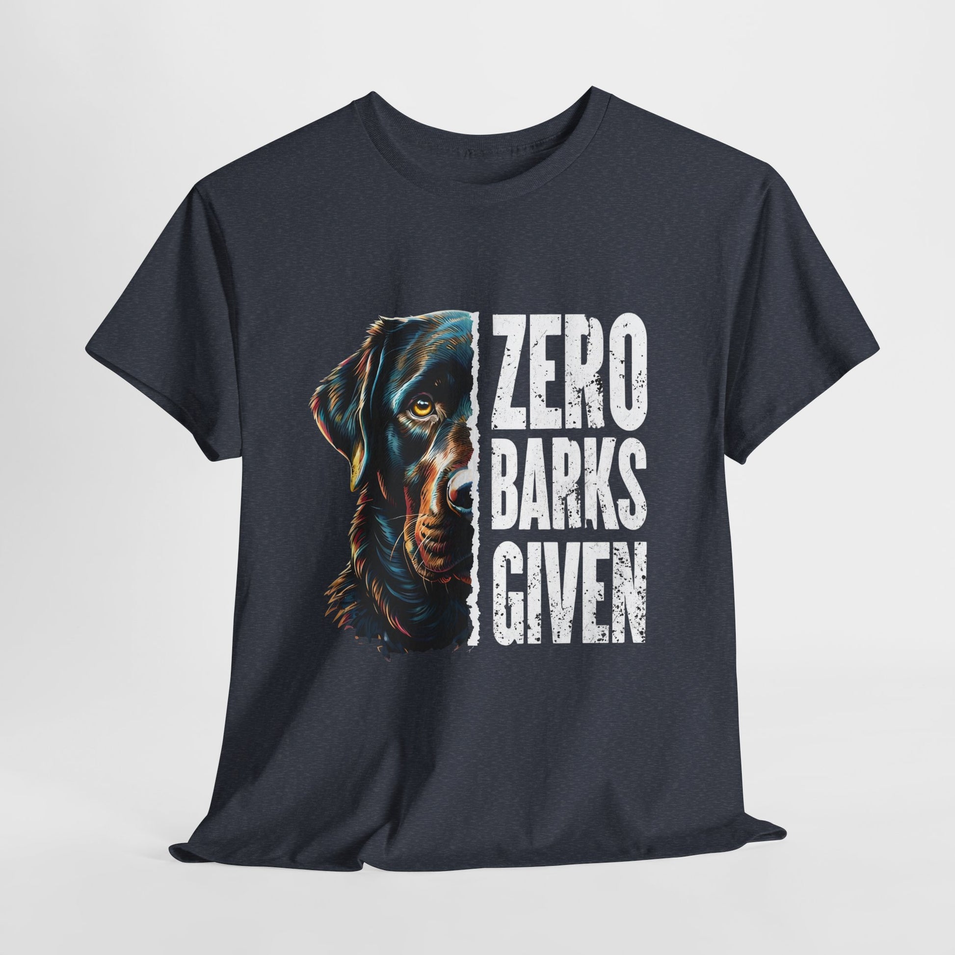 Zero-barks-crazydog t shirts in Heather Navy with a dog graphic and 'Zero Barks Given' text on a white background