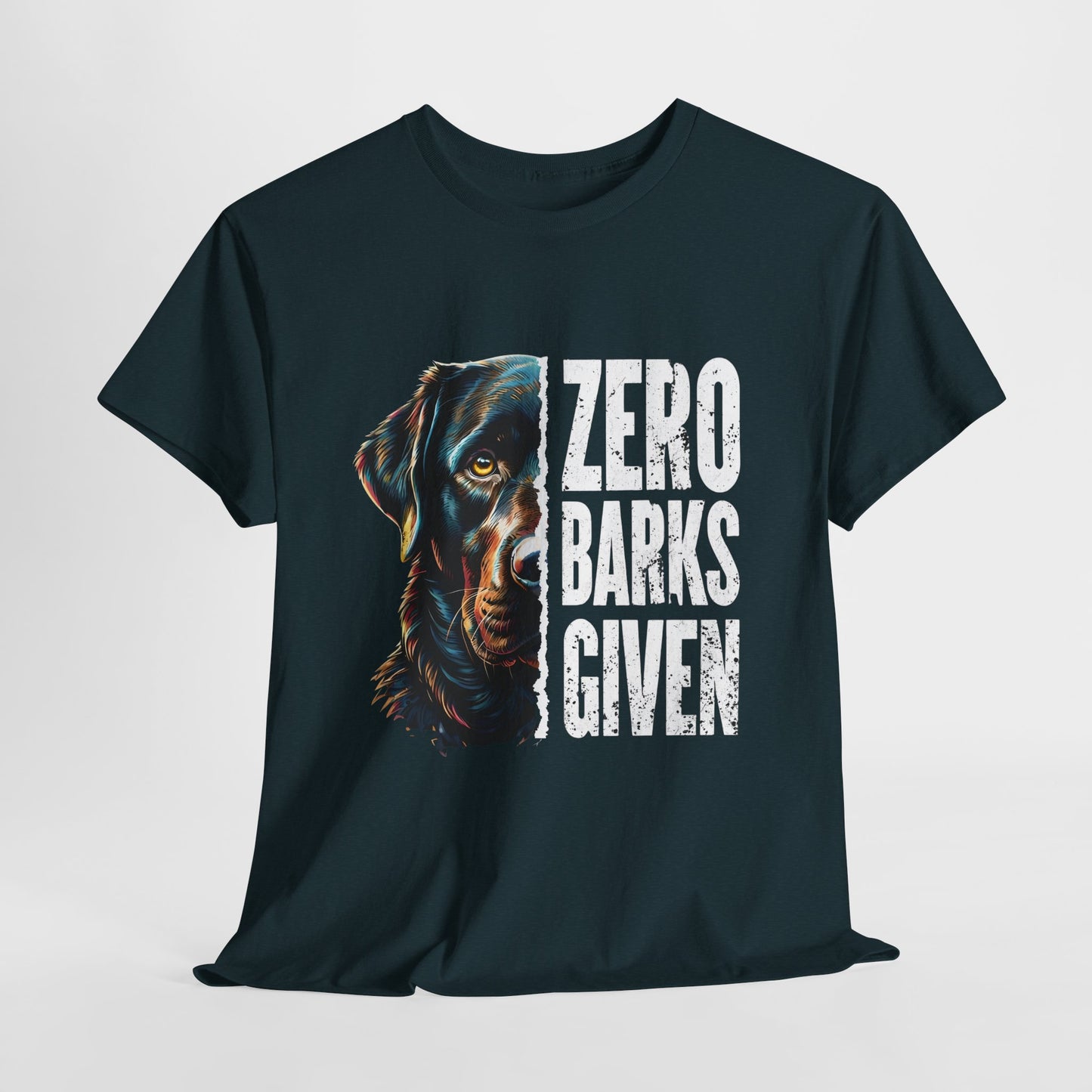 Zero-barks-crazydog t shirts in Midnight with a dog graphic and 'Zero Barks Given' text on a white background