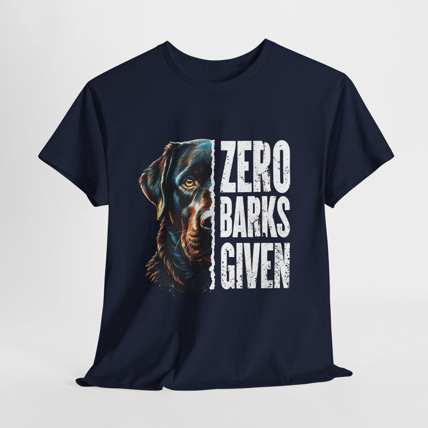 Zero-barks-crazydog t shirts in Navy  with a dog graphic and 'Zero Barks Given' text on a light gray background