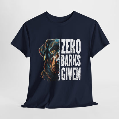 Zero-barks-crazydog t shirts in Navy  with a dog graphic and 'Zero Barks Given' text on a light gray background