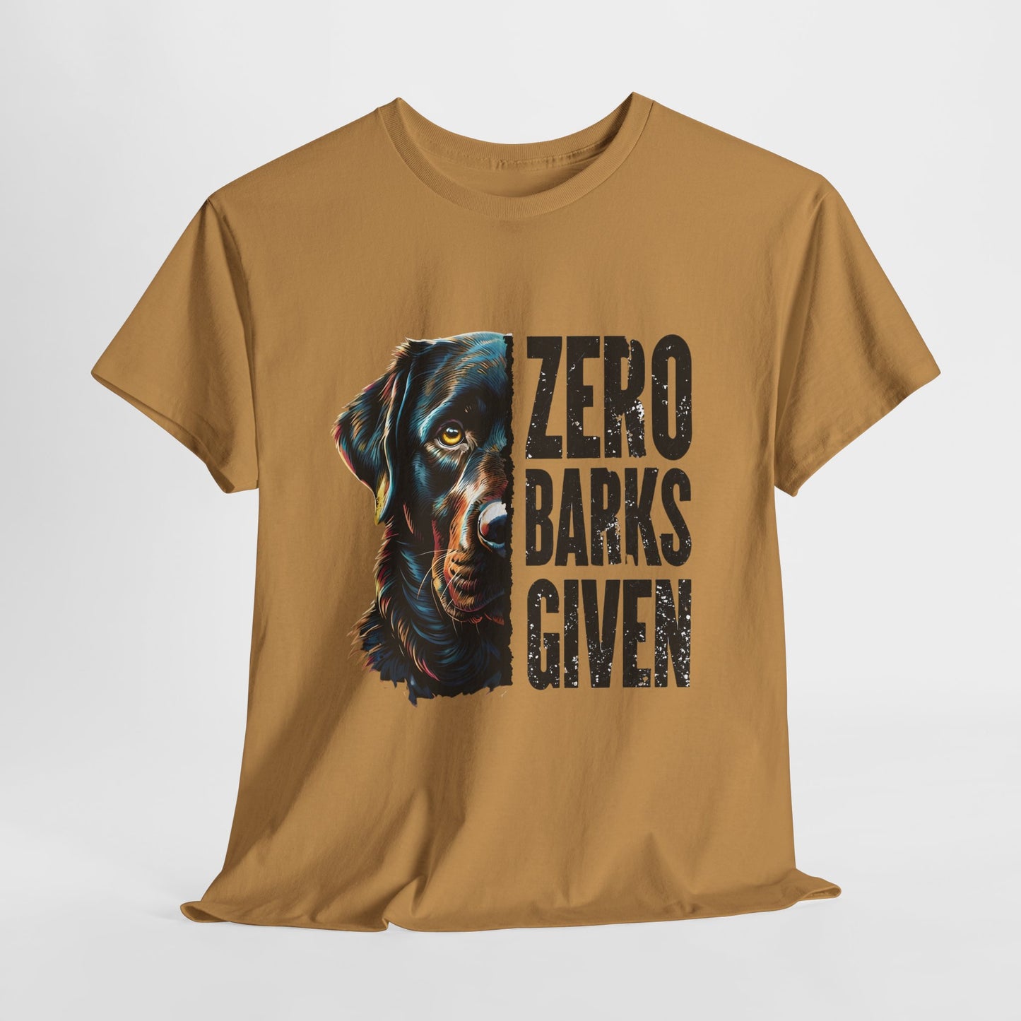 Zero-barks-crazydog t shirts in Old Gold with a dog graphic and 'Zero Barks Given' text on a white background