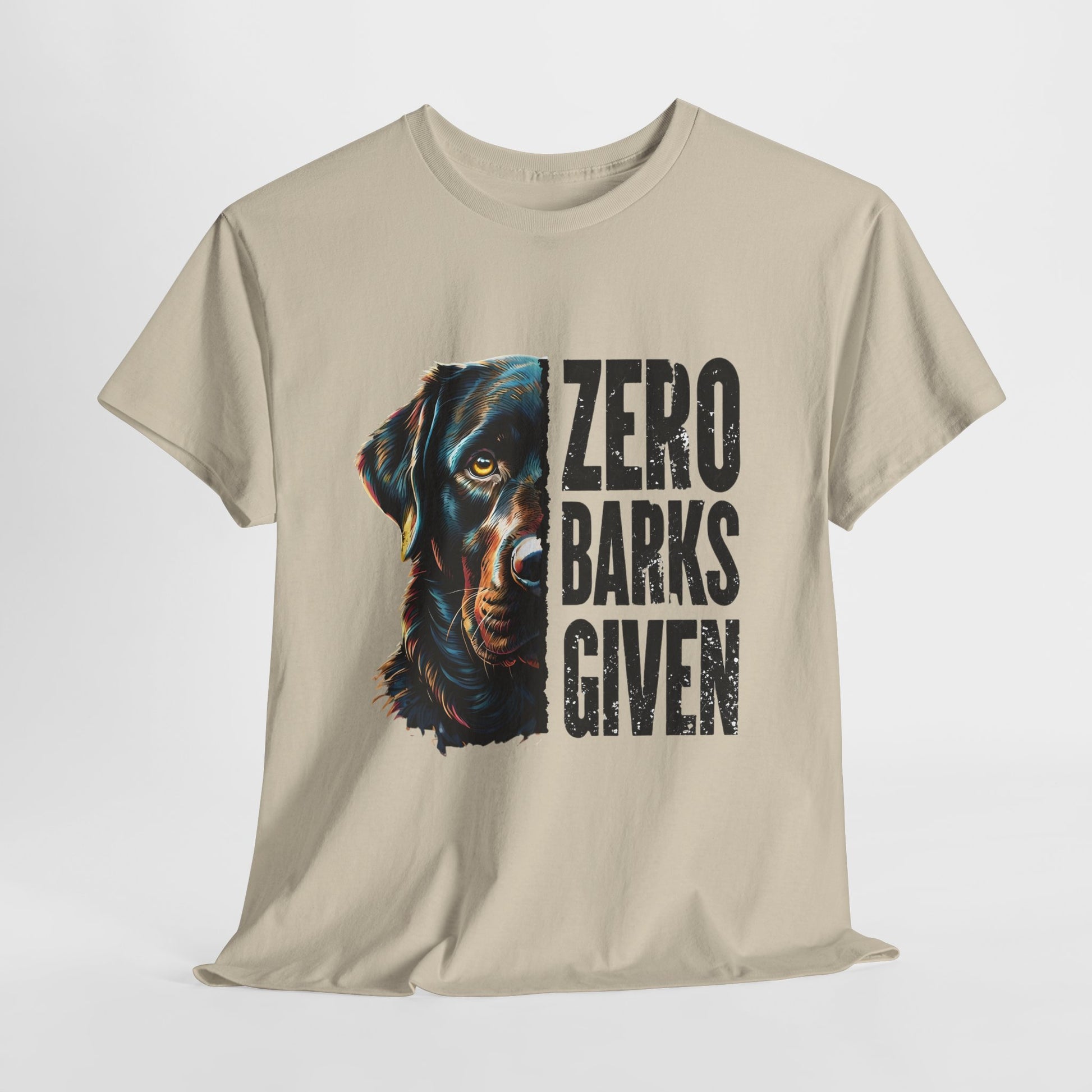 Zero-barks-crazydog t shirts in Sand  with a dog graphic and 'Zero Barks Given' text on a white background