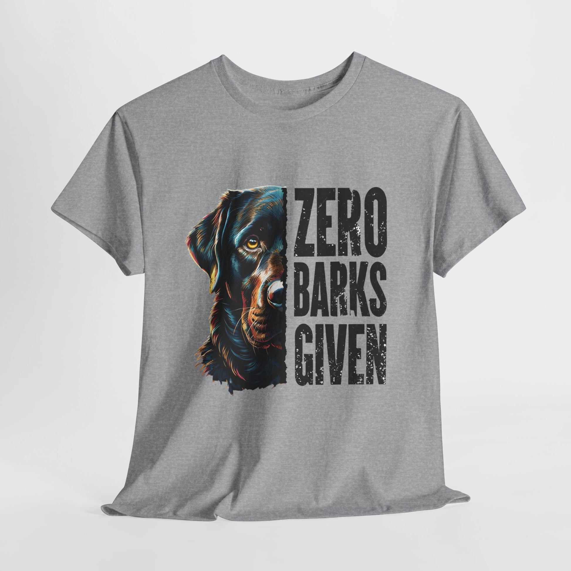 Zero-barks-crazydog t shirts in Sports Gray with a dog graphic and 'Zero Barks Given' text on a white background