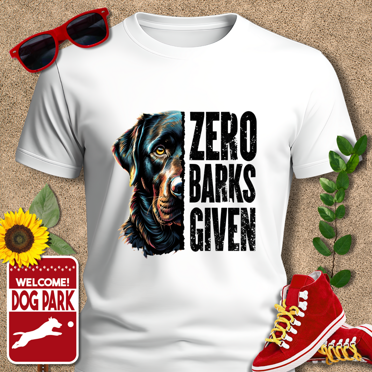 Zero-barks-crazydog t shirts in White with dog graphic and 'Zero Barks Given' text, sunglasses, red sneakers, sunflower, and 'Welcome to the Dog Park' sign on a textured background.