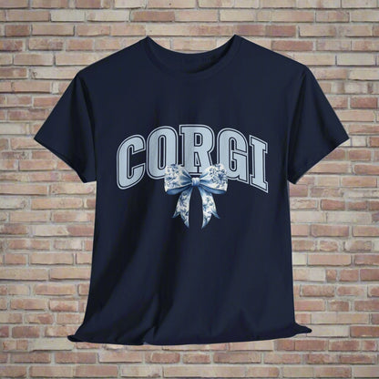 corgi shirt with varsity letters and bow in navy