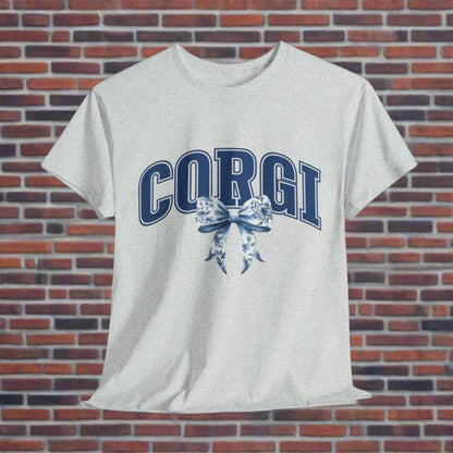 corgi shirt with varsity letters and bow in ash