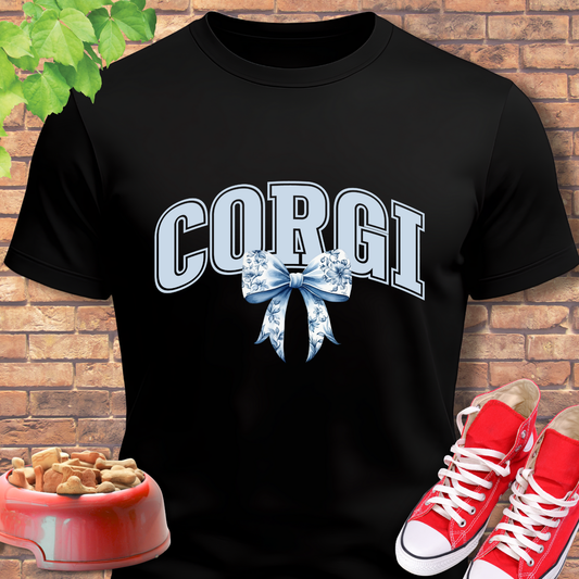 corgi shirt with varsity letters and bow in black