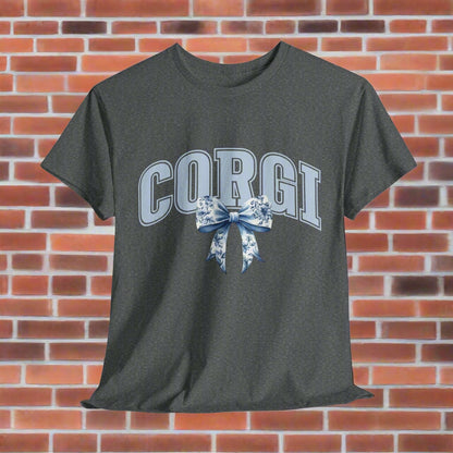 corgi shirt with varsity letters and bow in dark heather