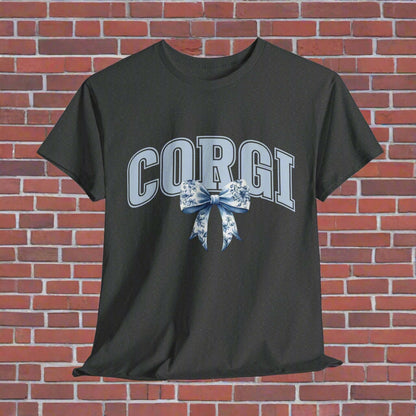corgi shirt with varsity letters and bow in graphite heather