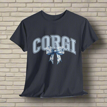 corgi shirt with varsity letters and bow in heather navy