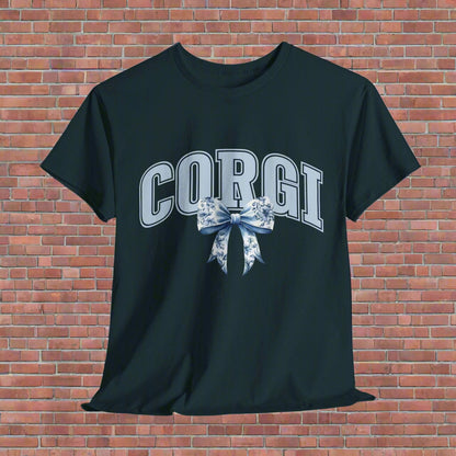 corgi shirt with varsity letters and bow in midnight