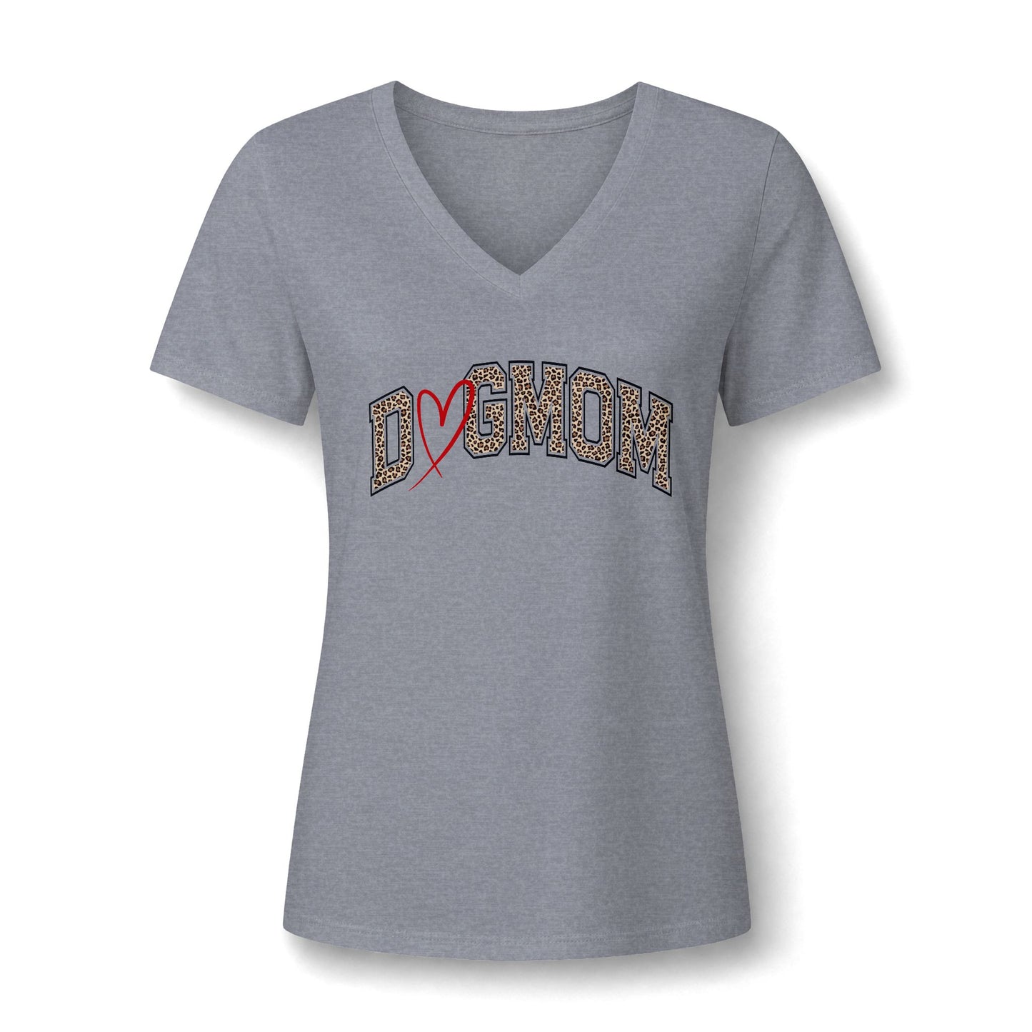 A women's heather gray V-neck t-shirt with a 'DOG MOM' graphic across the chest. The letters are filled with a leopard print pattern and a red heart outline is drawn through them, set against a plain grey background.