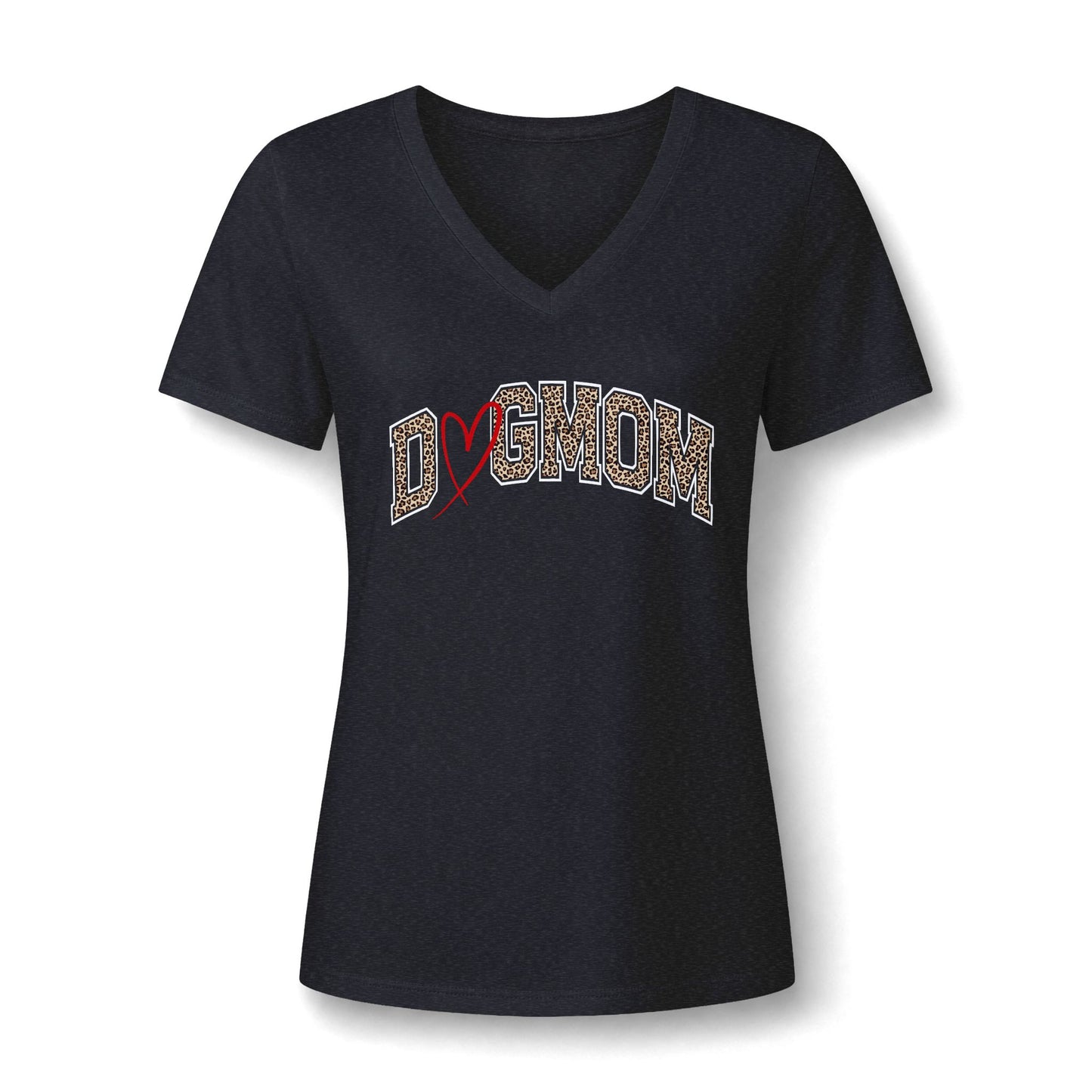 A women's short-sleeve V-neck t-shirt in dark navy blue, featuring a graphic across the chest that reads 'DOGMOM' in a textured beige pattern with a red heart.