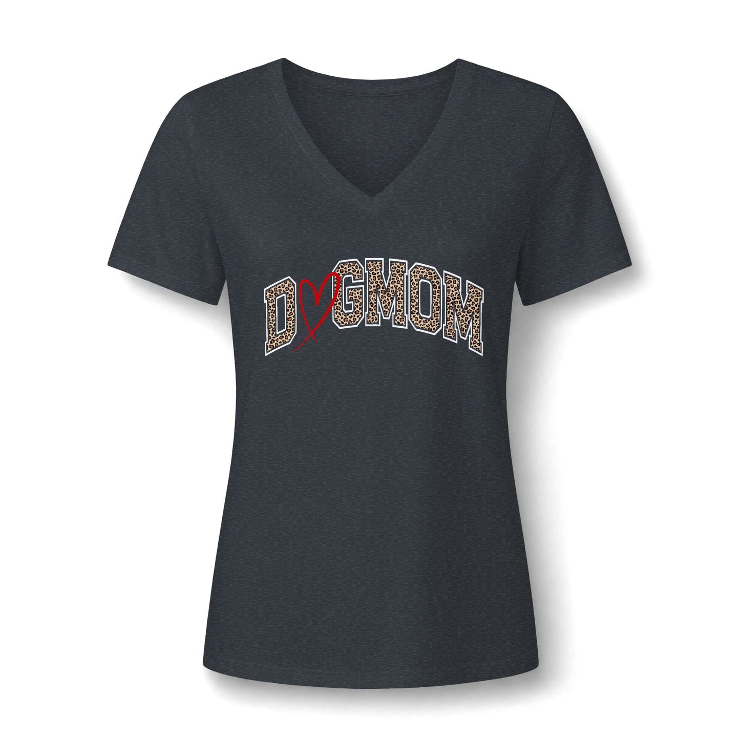 A women's short-sleeve V-neck t-shirt in dark heather gray, featuring the word 'Dogmom' printed across the chest in a patterned leopard design.