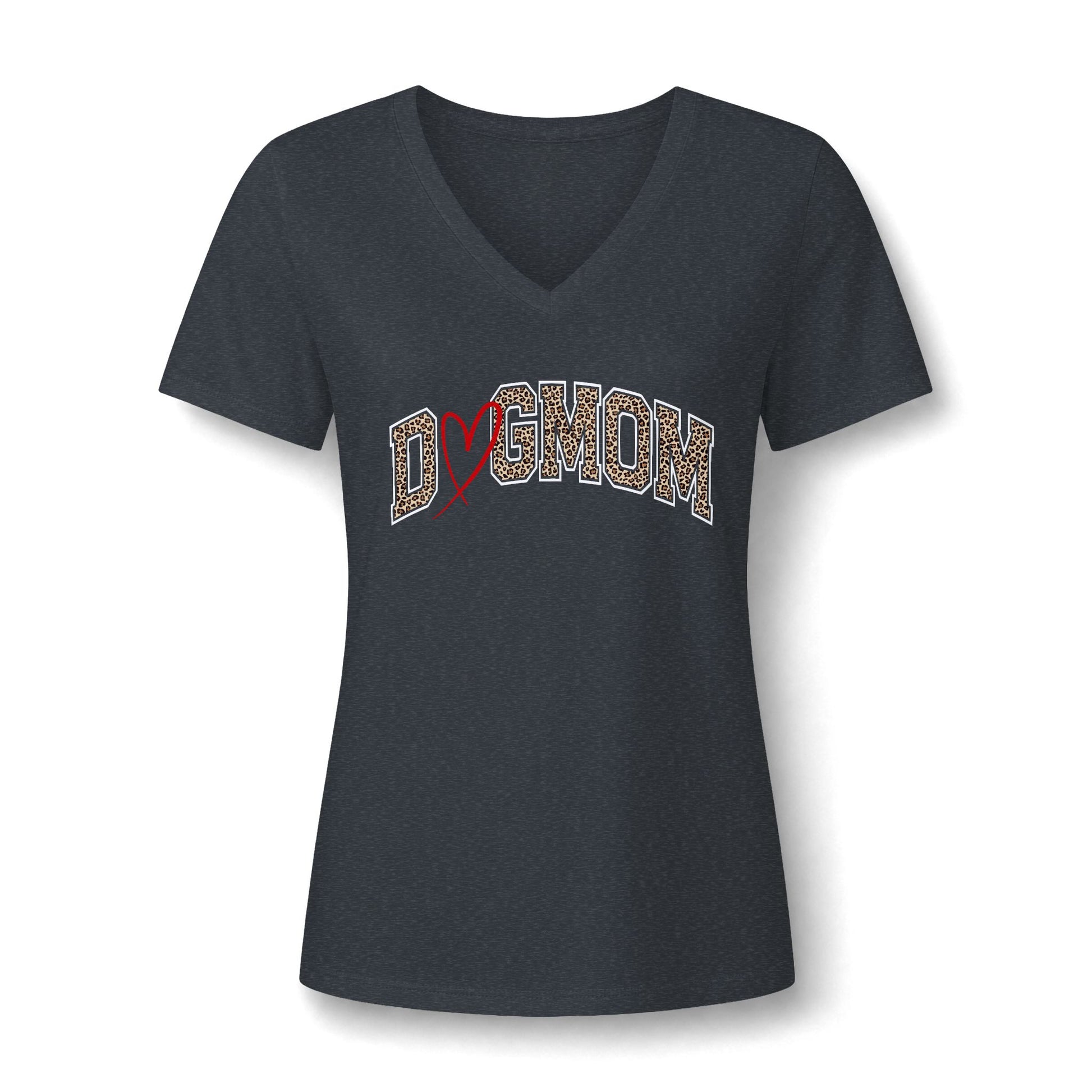 A women's short-sleeve V-neck t-shirt in dark heather gray, featuring the word 'Dogmom' printed across the chest in a patterned leopard design.