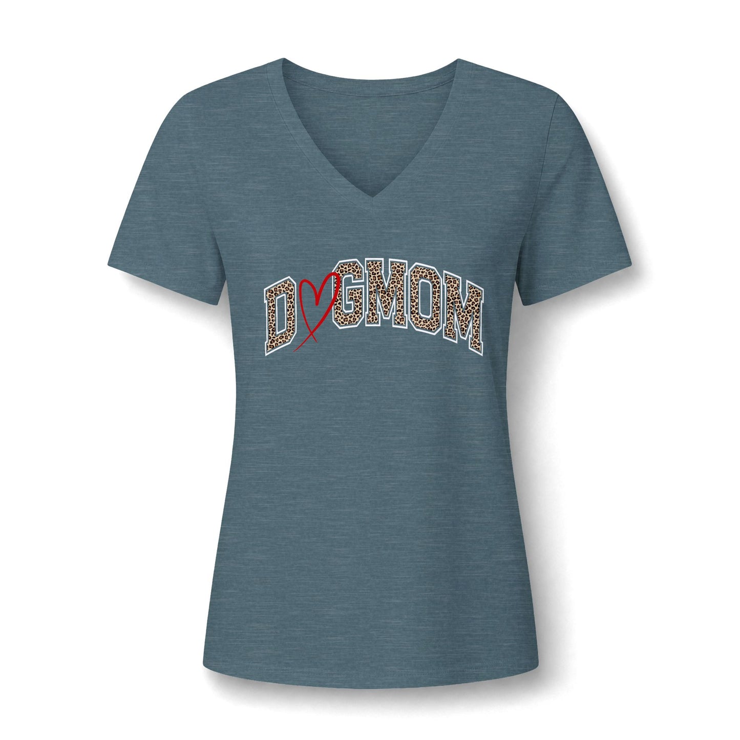 A women's short-sleeve V-neck t-shirt in heather slate blue, featuring a graphic on the chest that reads 'Dogmom' in leopard-print letters with a red ribbon heart.