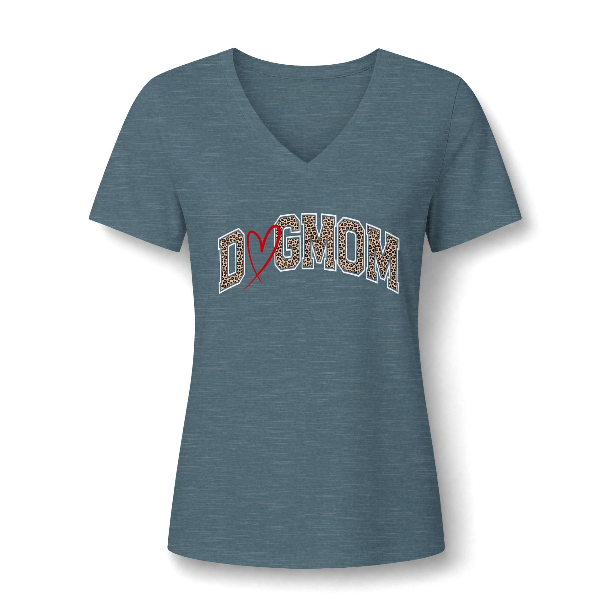 A women's short-sleeve V-neck t-shirt in heather slate blue, featuring a graphic on the chest that reads 'Dogmom' in leopard-print letters with a red ribbon heart.
